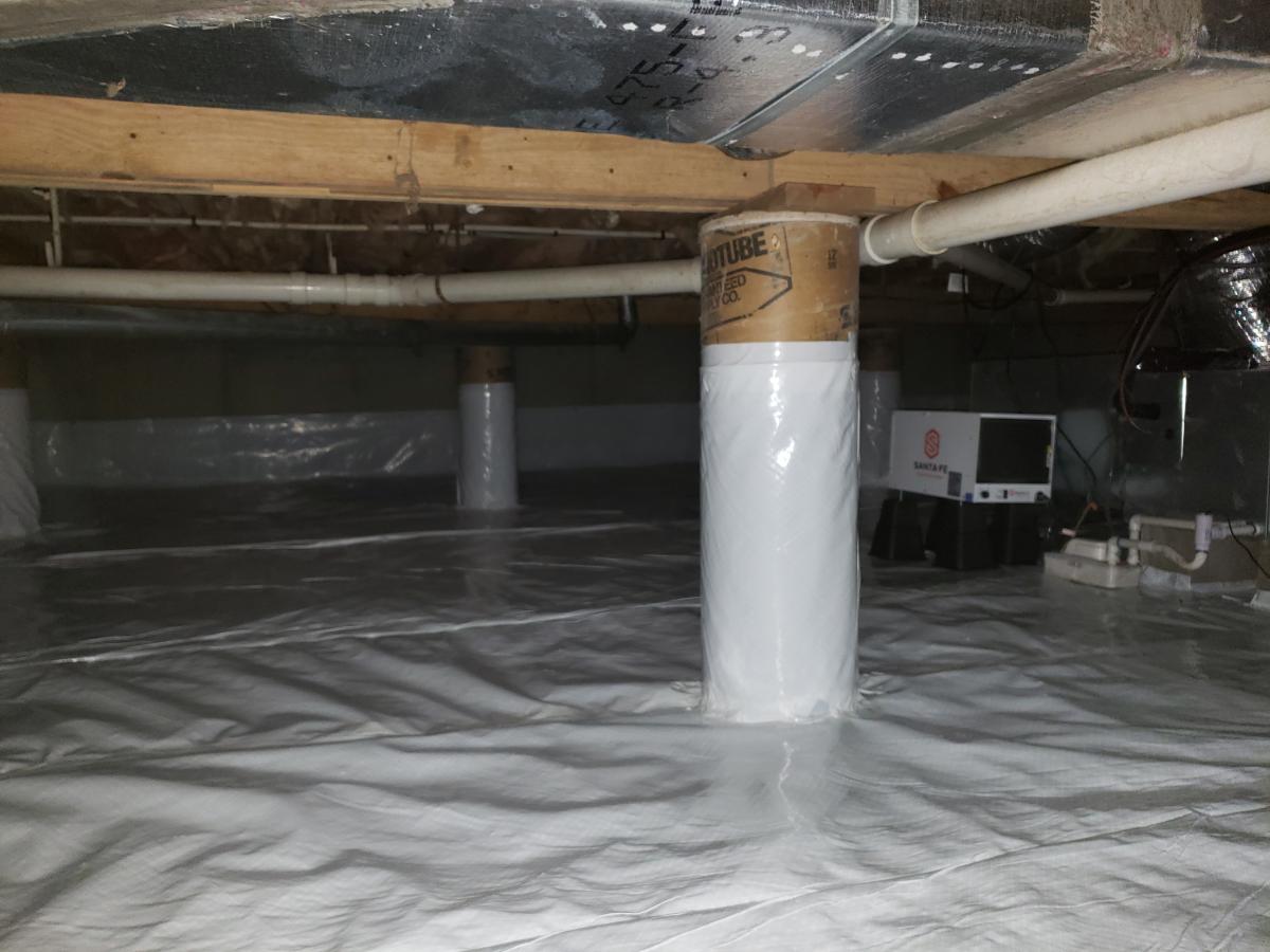 After full encapsulation project - everything in covered in a white tarp