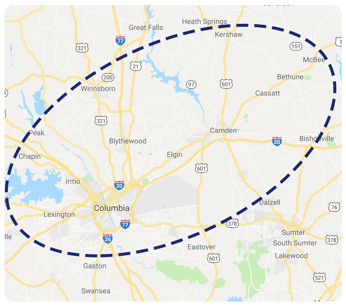 Map of South Carolina with a dotted line circling around Lexington to McBee